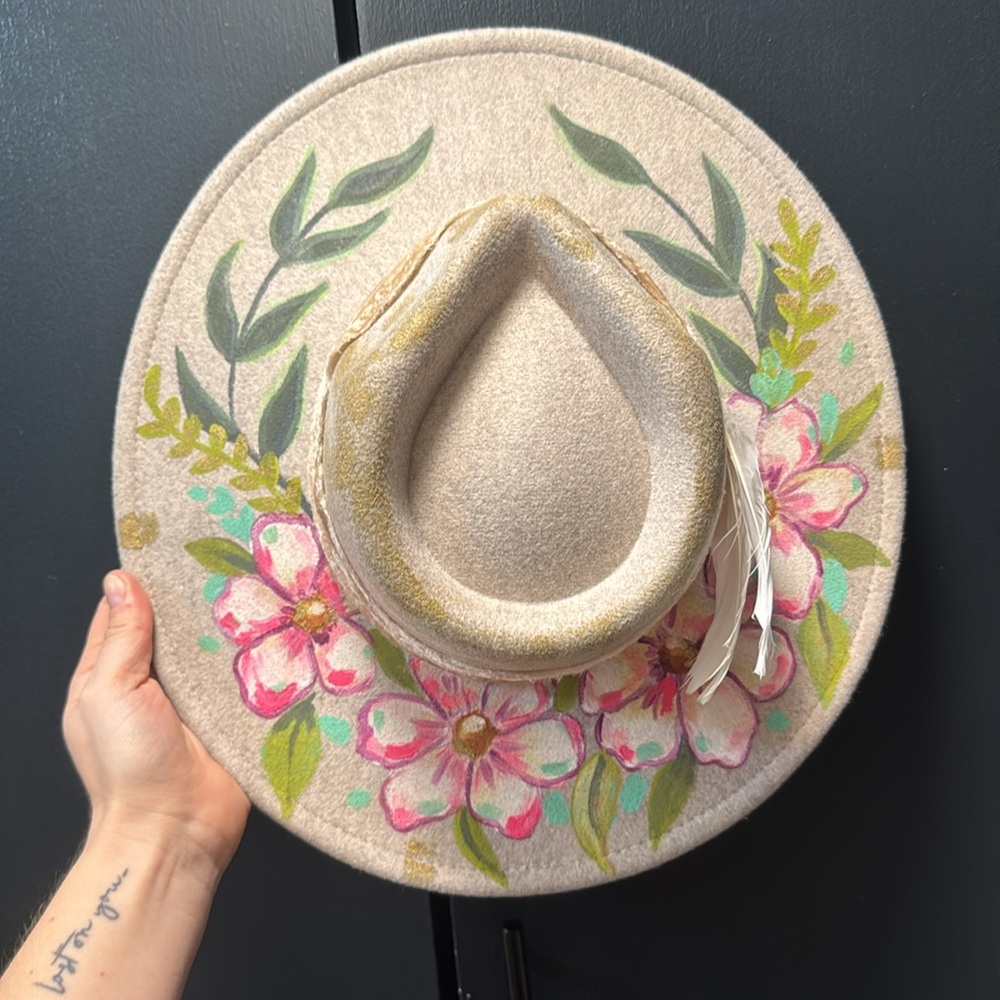 Floral Embellished Hat with Feather Accent